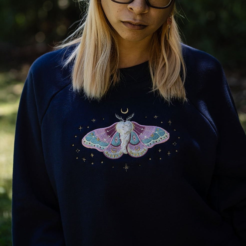 Celestial Moth - Navy Pullover (Handmade and Embroidered In House)