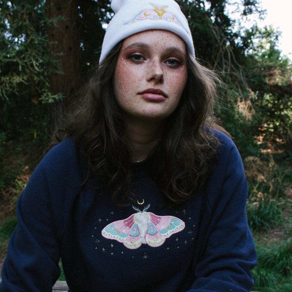 Celestial Moth - Navy Pullover (Handmade and Embroidered In House)
