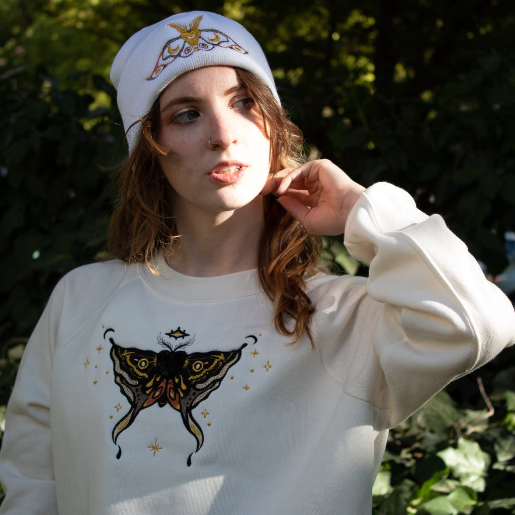 Lunar Eclipse Moth - Vintage Cream Pullover (Handmade and Embroidered In House)